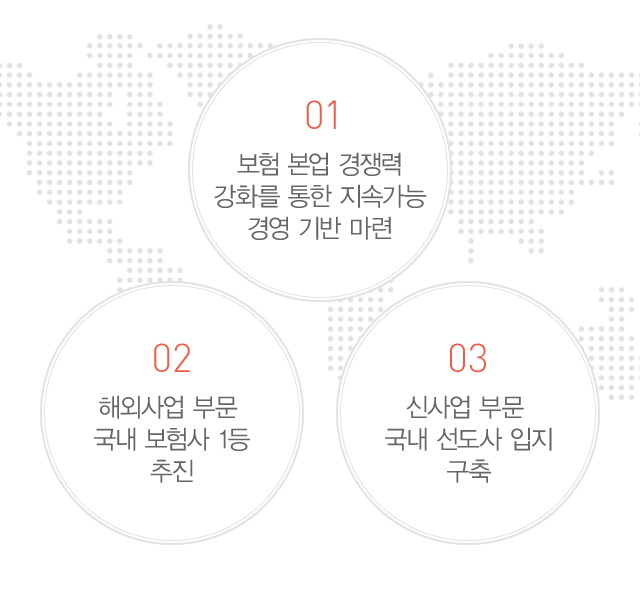 01보험 본업 경쟁력 강화를 통한 지속가능 경영 기반 마련.02 해외사업 부문 국내 보험사 1등 추진. 03신사업 부문 국내 선도사 입지 구축